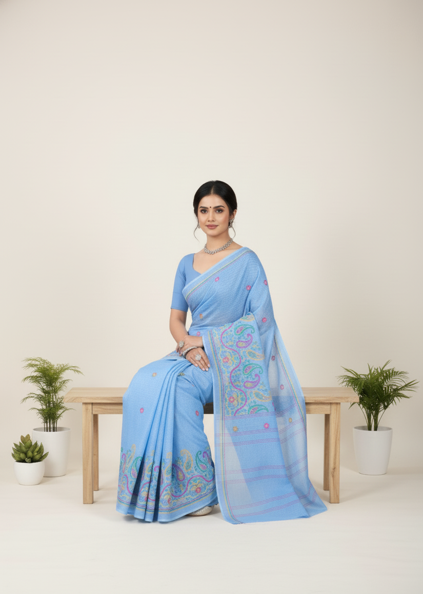 Mabesha Cotton Printed Saree Blue
