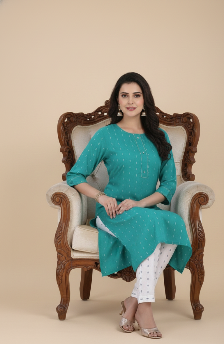 Golden Girl Combo Cotton Kurti Set Sea Green