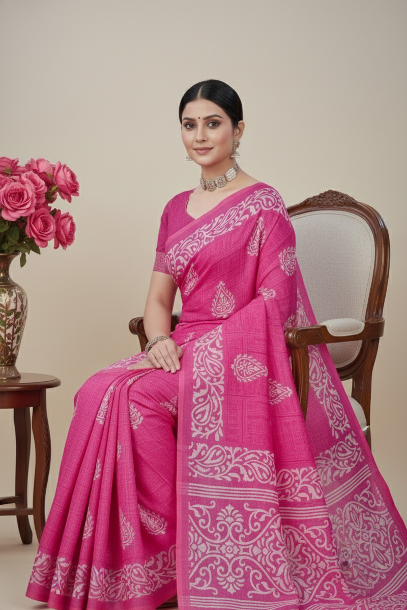 Priyatama Cotton Printed Saree Pink