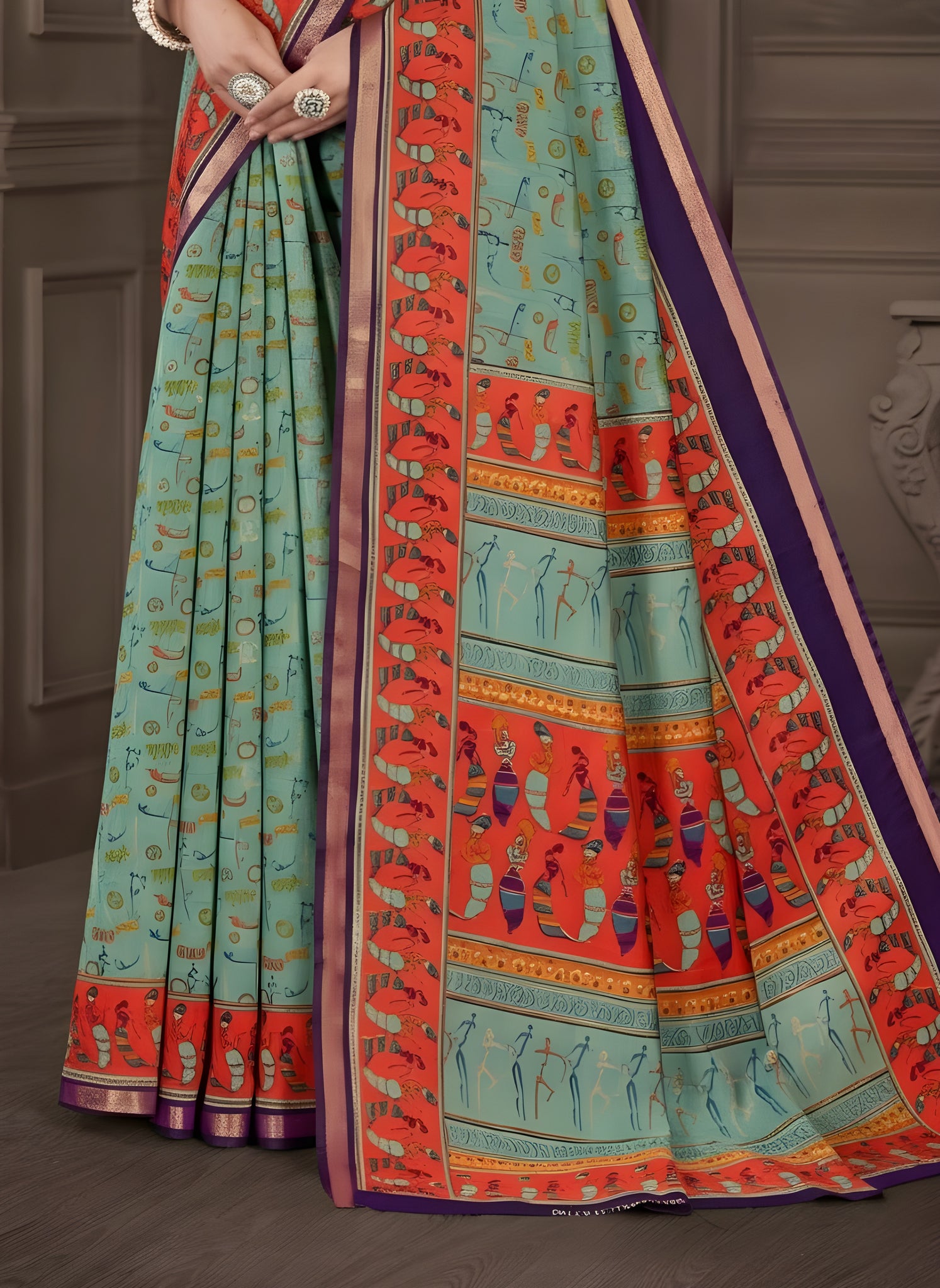 Kanishka Script Muslin Cotton Printed Saree Green & Orange