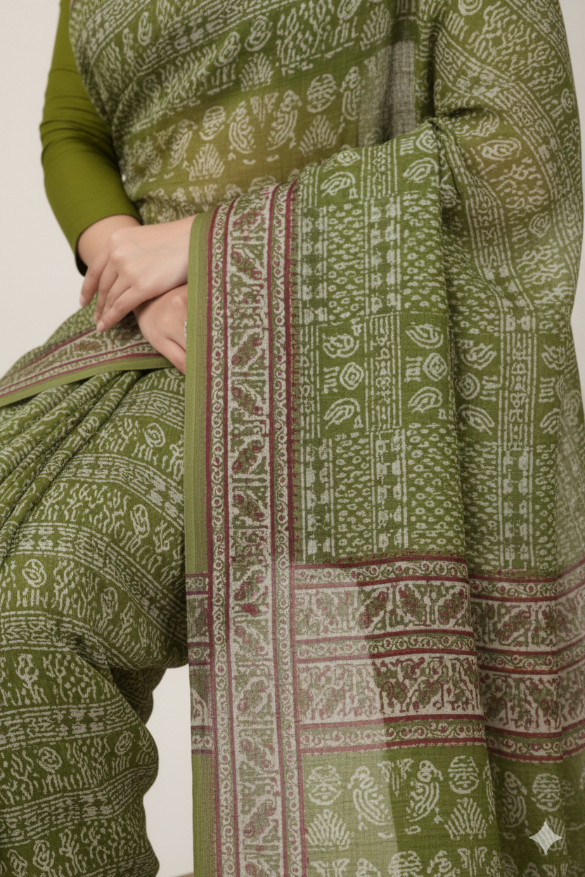 Howrah Haat Cotton Printed Saree Green 2475