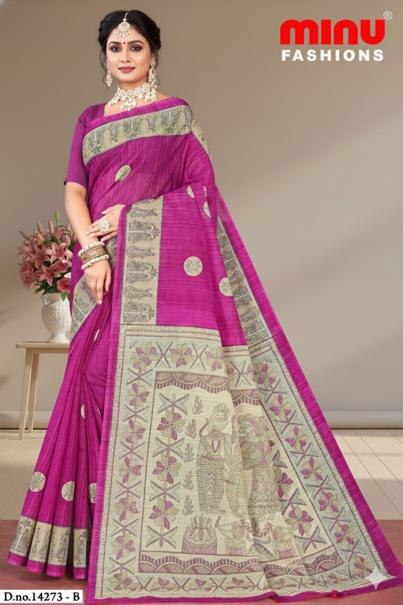 Madhubani Kantha Malai Cotton Printed Saree Purple