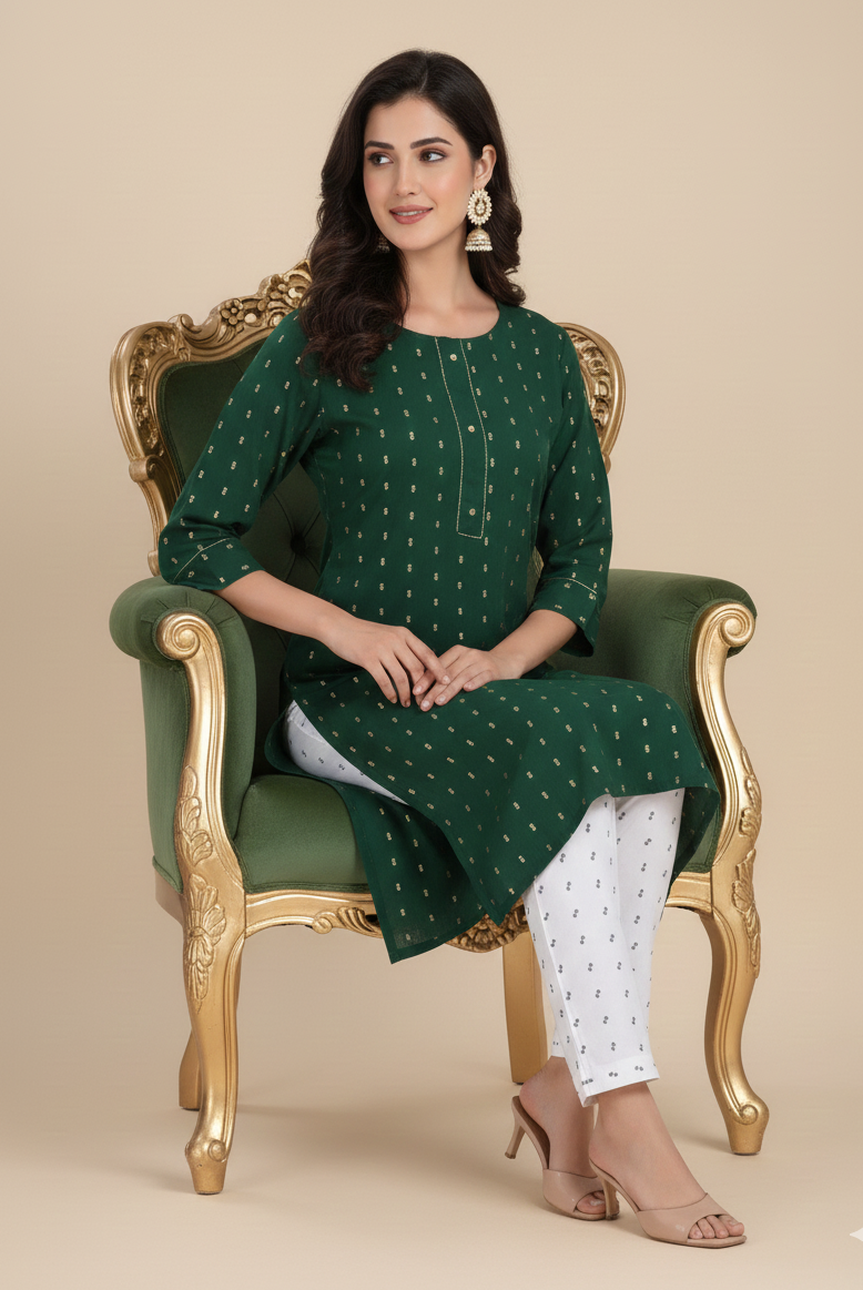 Golden Girl Combo Cotton Kurti Set Dark Green