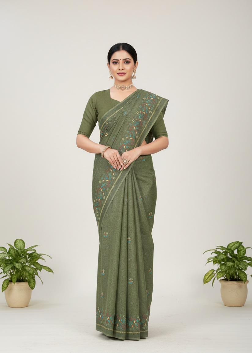 Public Demand Cotton Printed Saree Green
