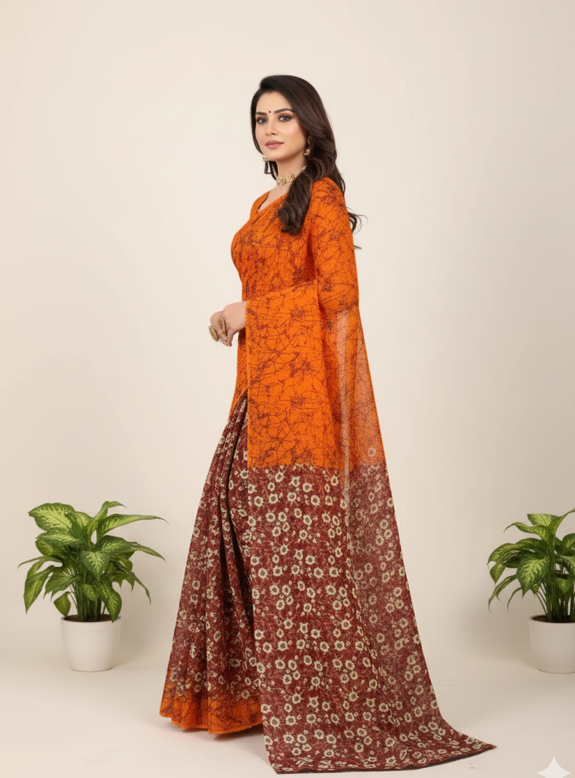 Kolkata Bridge 3 Cotton Printed Saree Mustard & Maroon