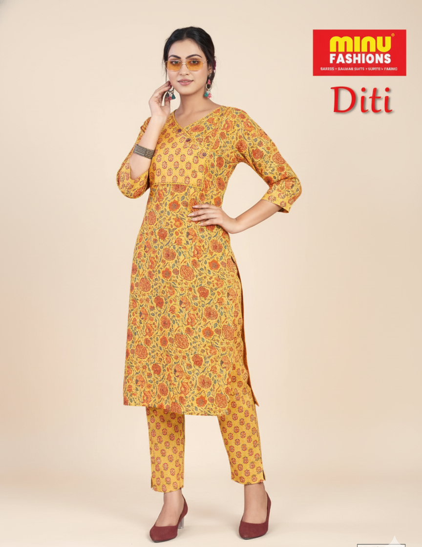 Diti Cotton Printed Kurti Set Yellow 1004
