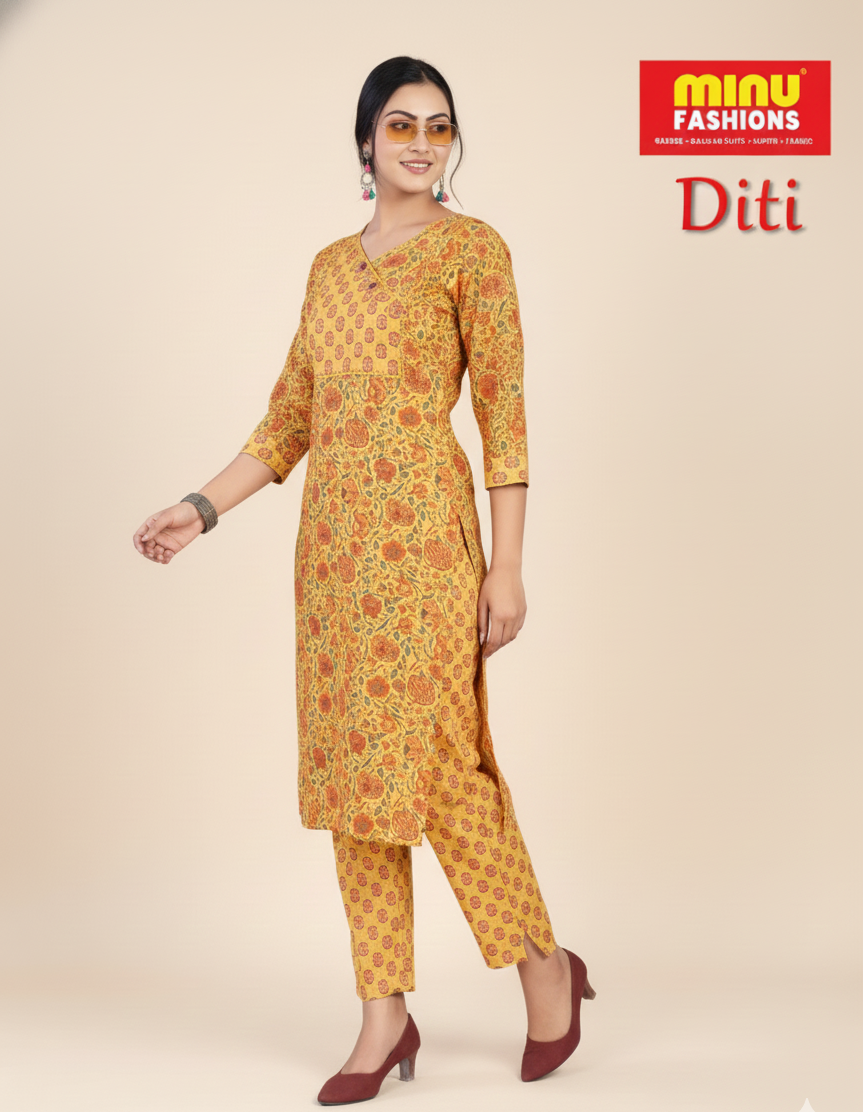 Diti Cotton Printed Kurti Set Yellow 1004