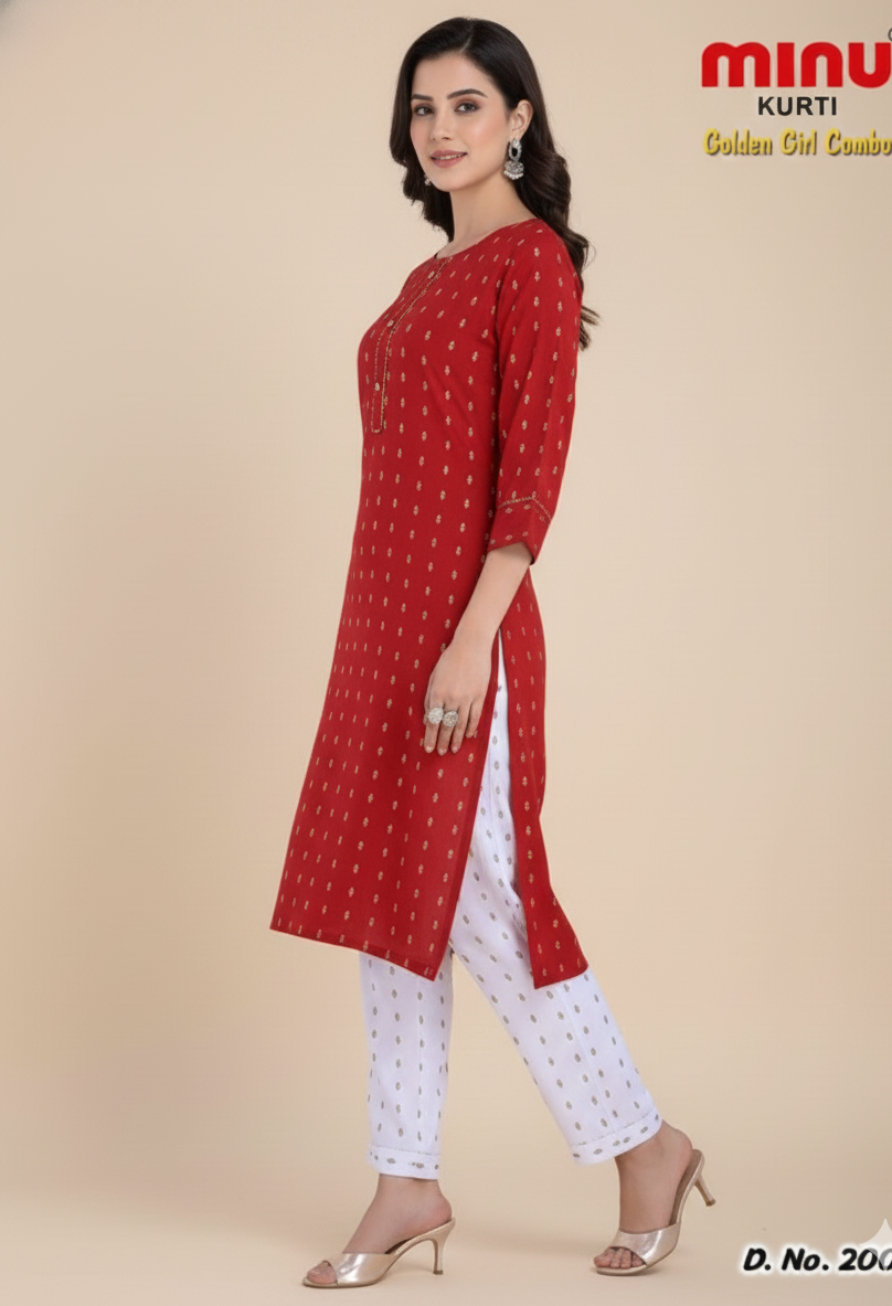 Golden Girl Combo Kurti Cherry Maroon