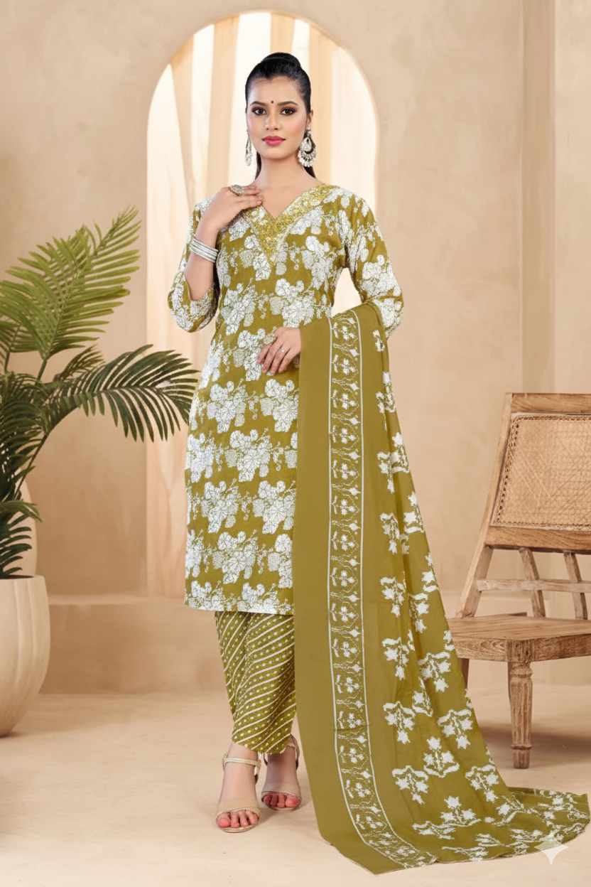 Pariza Cotton Printed Stitched Salwar Suit Mehendi 1008