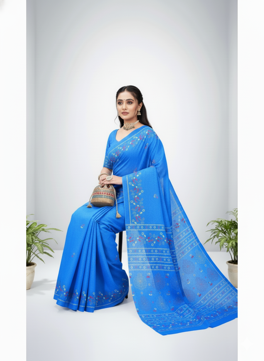 Public Demand Cotton Printed Saree Blue