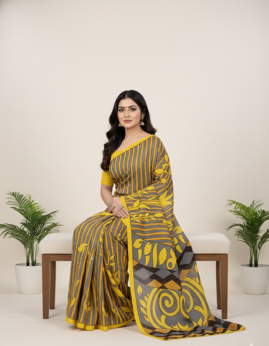 Sonar Bangla 31 Cotton Printed Saree Bright Yellow