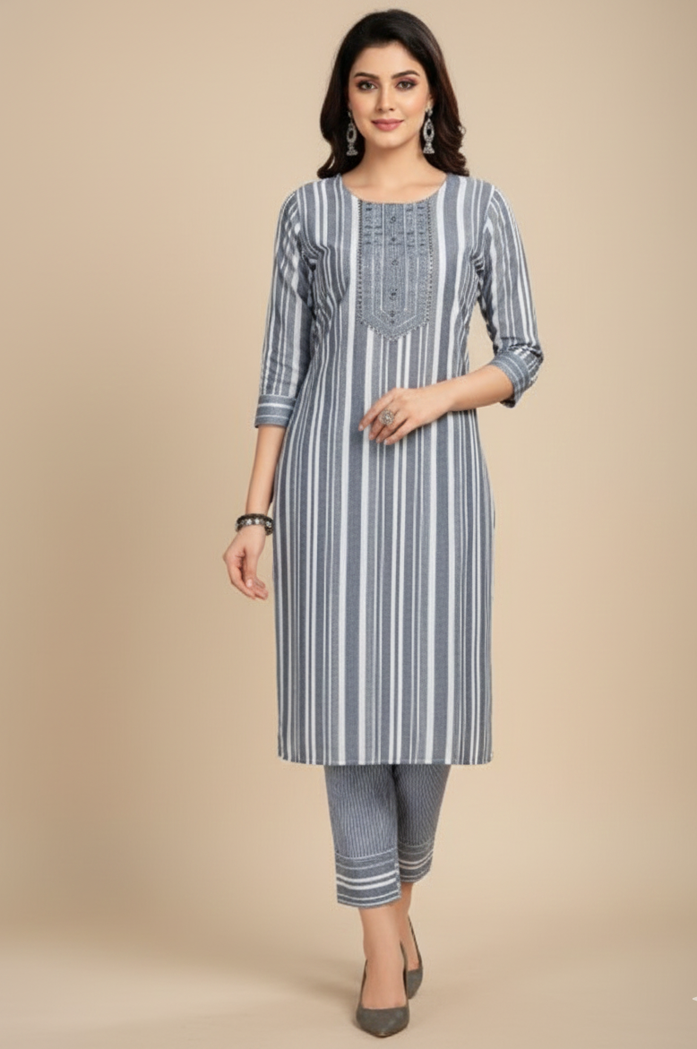 Sparkle Combo Cotton Stripe Kurti Set 1001