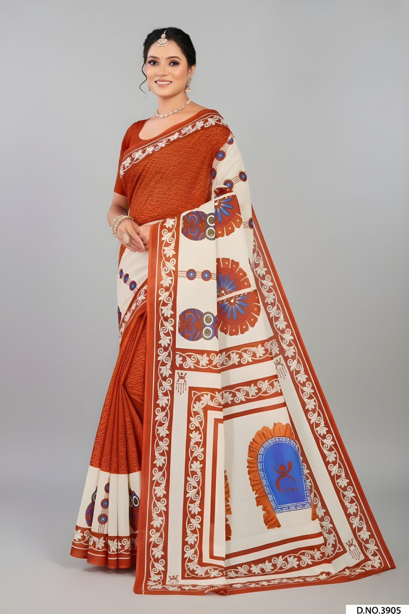 Baishakhi 3 Malai Cotton Printed Saree Orange & Blue 3905