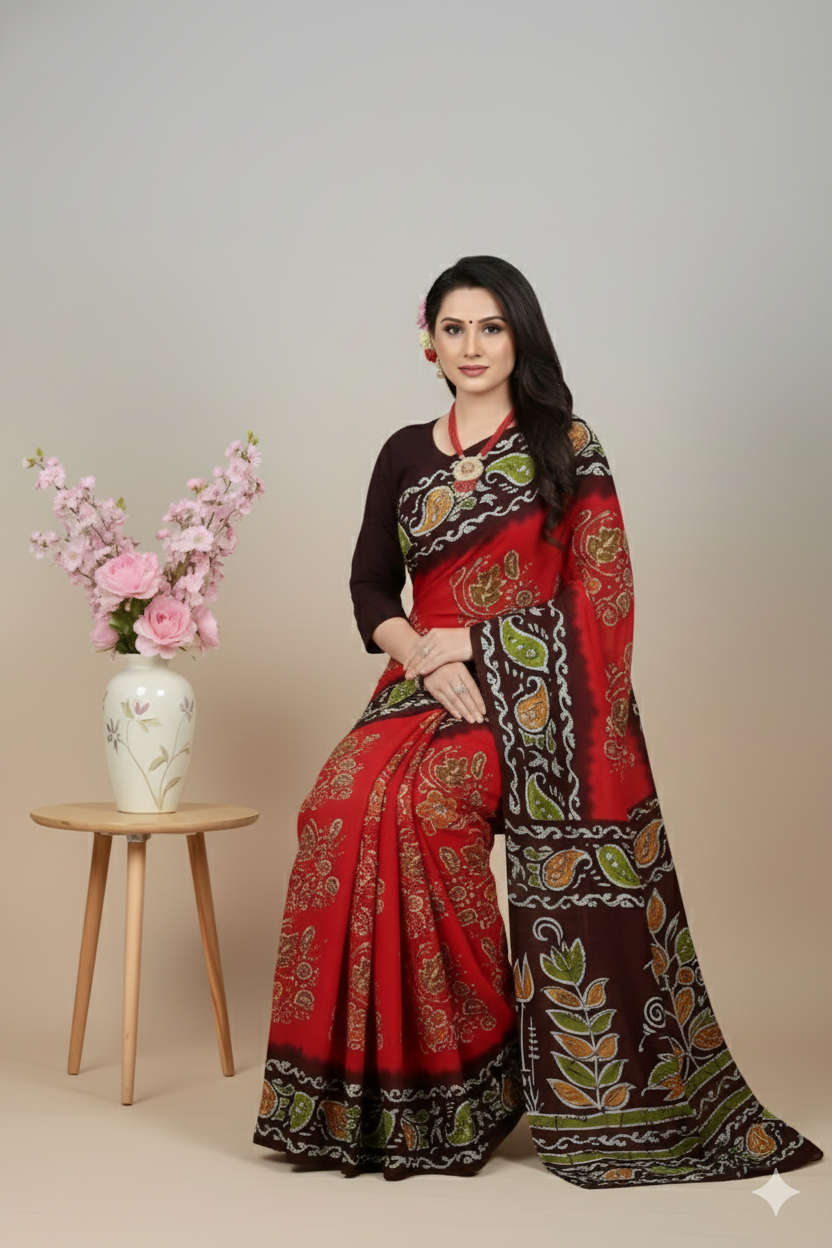 Kacha Badam Batik Cotton Printed Saree 3804