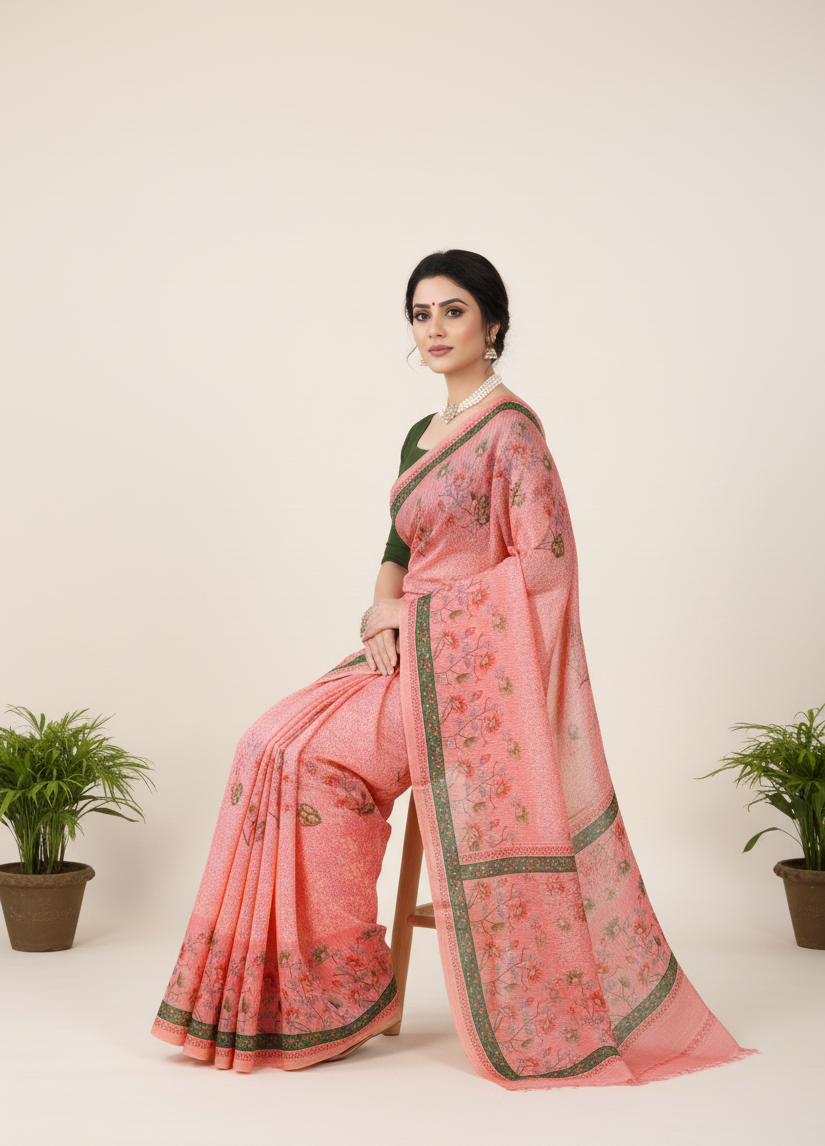 Dusty Beauty 3 Cotton Printed Saree Peach-Pink 3931