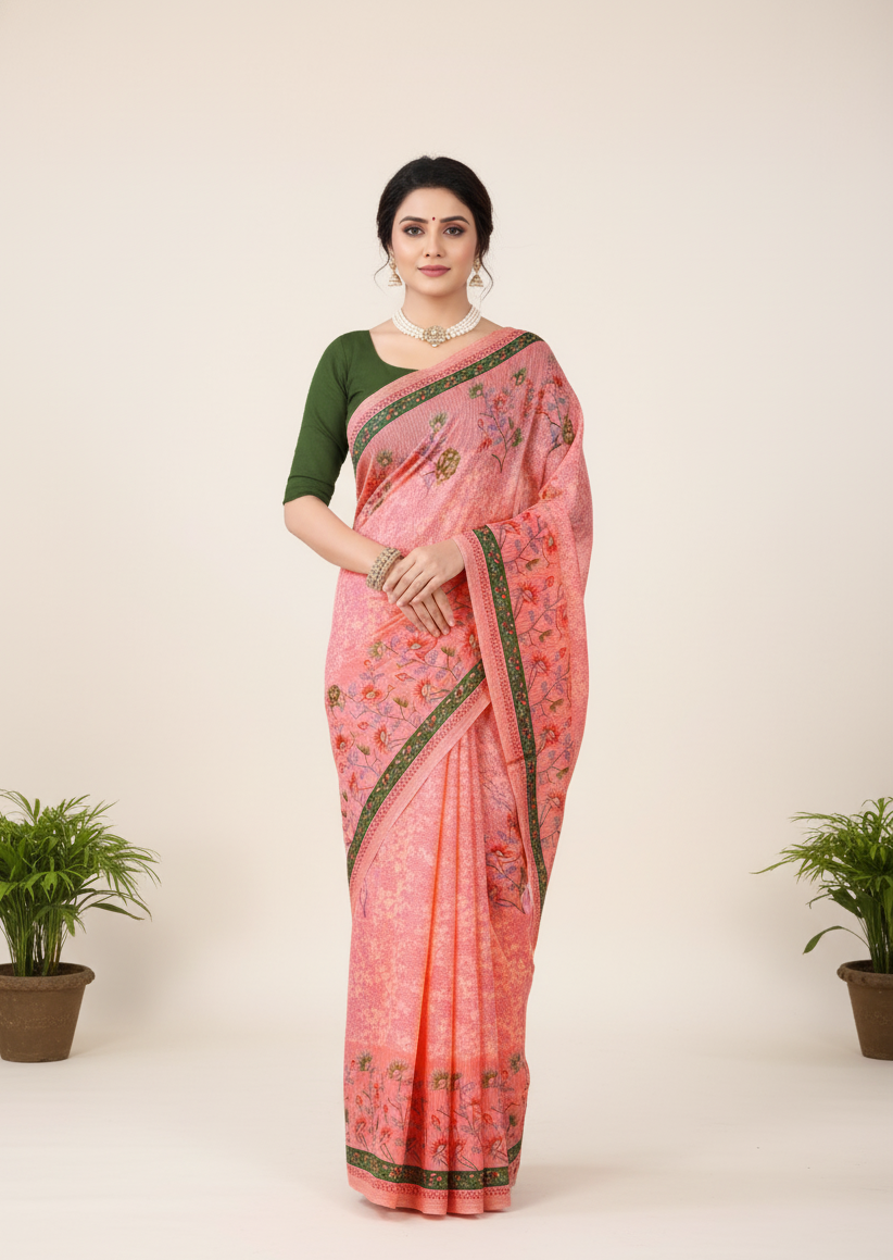 Dusty Beauty 3 Cotton Printed Saree Peach-Pink 3931