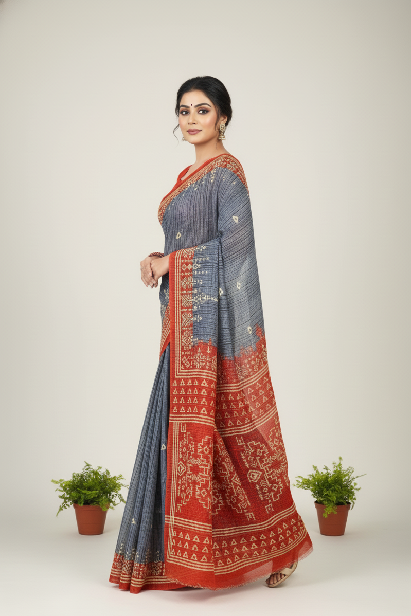 Prativa Batik Cotton Printed Saree Grey