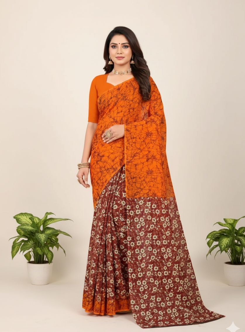Kolkata Bridge 3 Cotton Printed Saree Mustard & Maroon