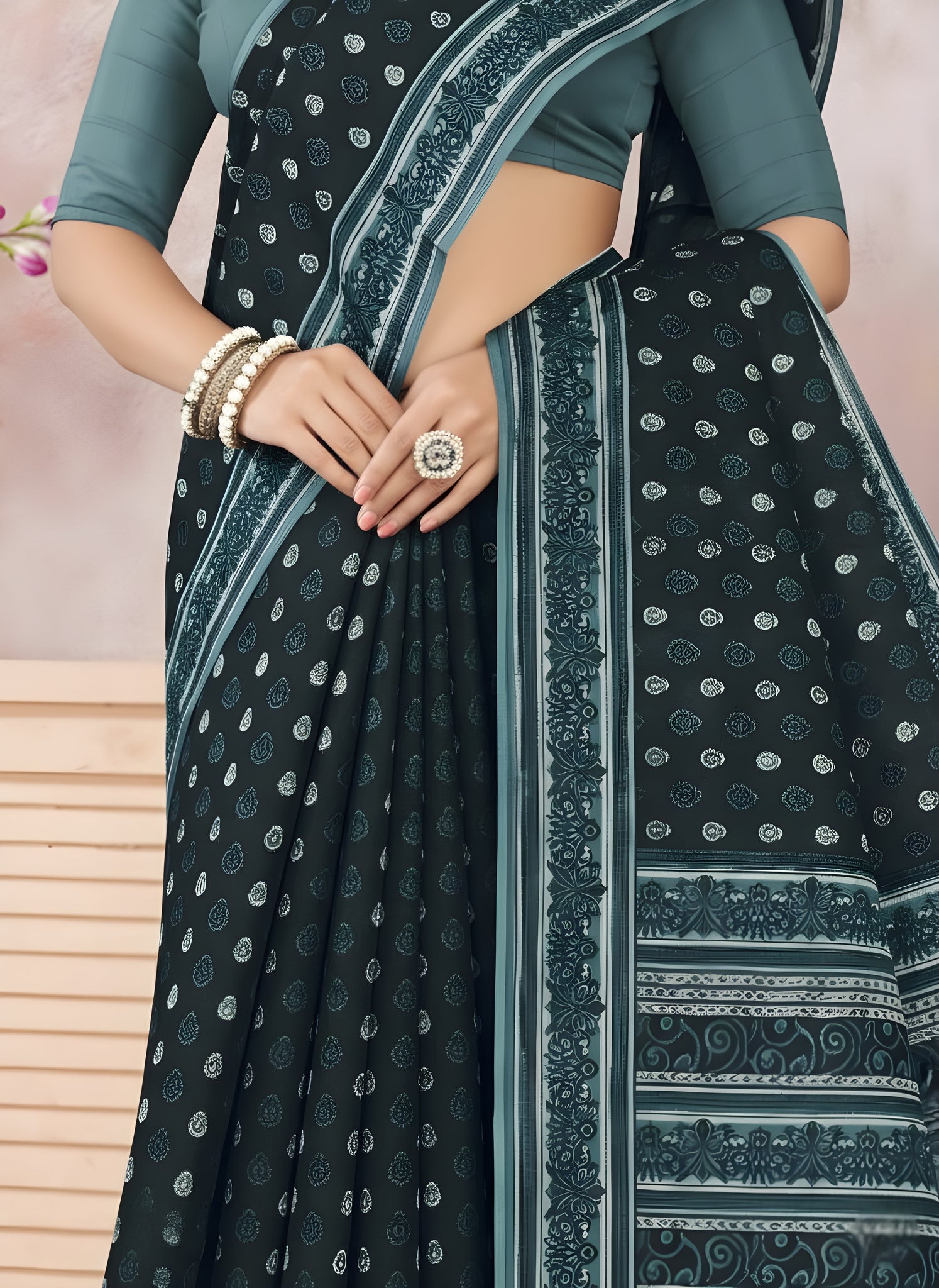 Monika V-1 Cotton Printed Saree Black