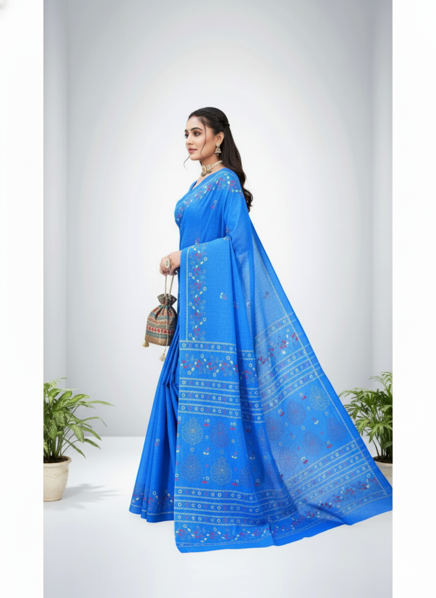 Public Demand Cotton Printed Saree Blue