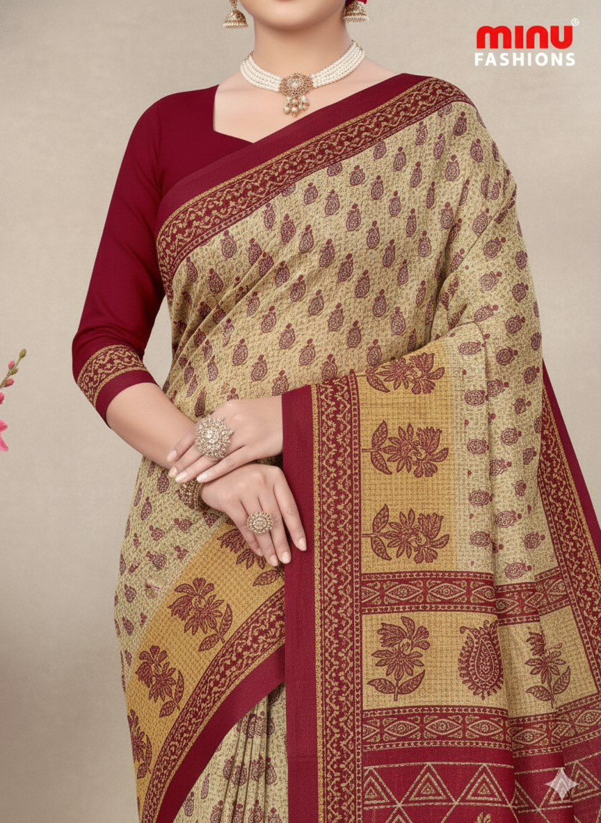 Malaika Cotton Printed Saree Creme Red 7761