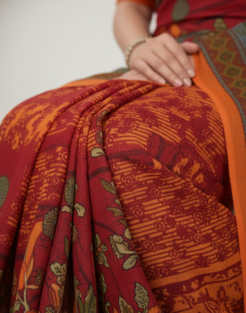 Sonar Bangla 31 Cotton Printed Saree Pomegranate Red