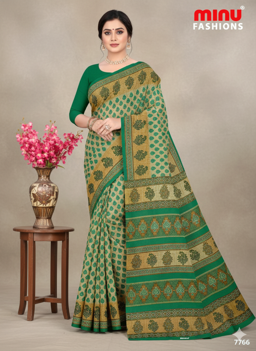 Malaika Cotton Printed Saree Green 7763