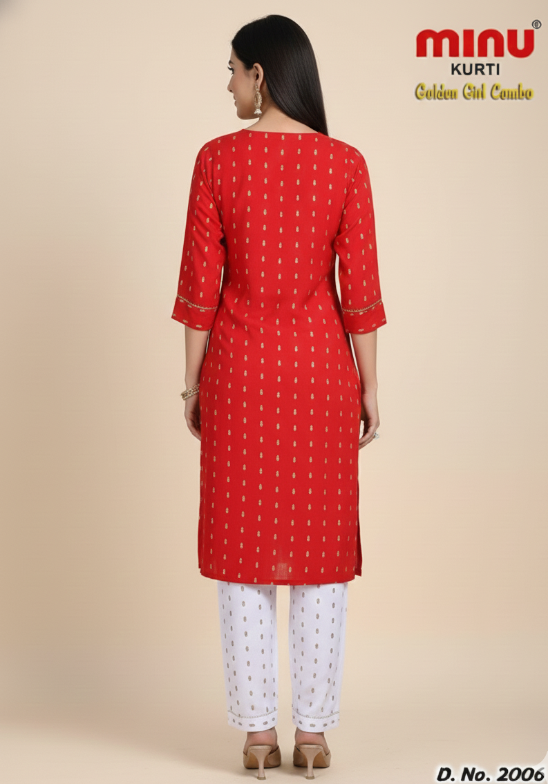 Golden Girl Combo Cotton Kurti Set Red