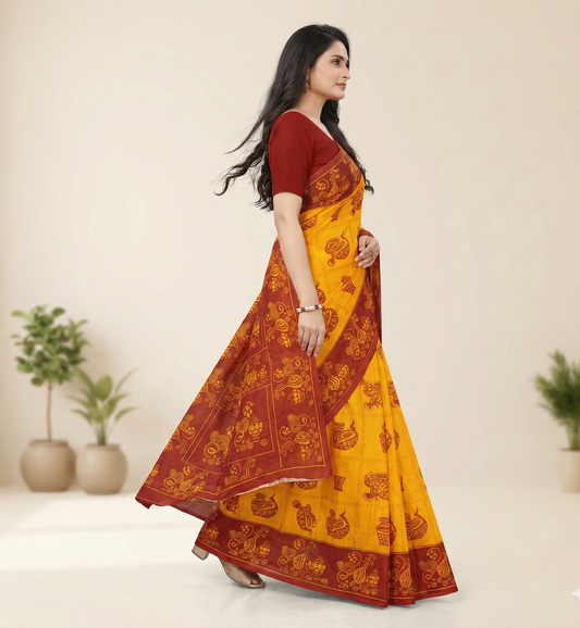 Monica Yellow & Red Traditional Cotton Saree