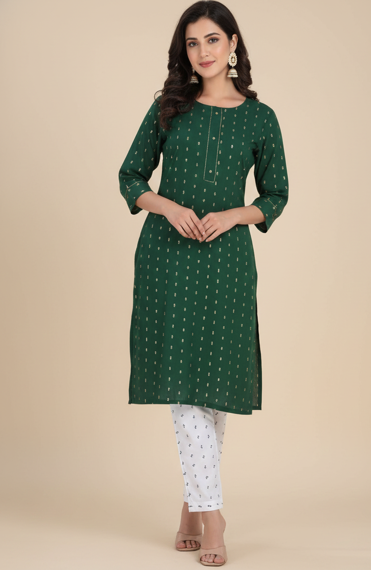 Golden Girl Combo Cotton Kurti Set Dark Green