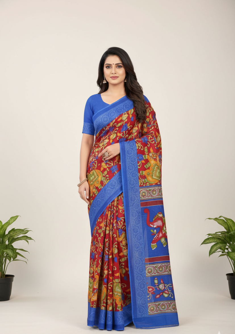 Rangat Cotton Printed Blue Border Saree 14687