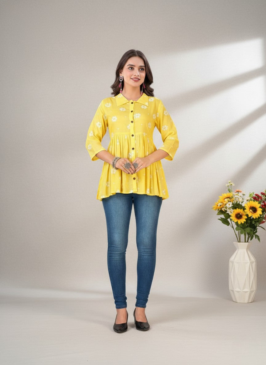 Anna Cotton Printed Short Kurti Yellow