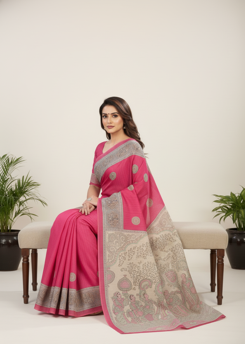 Madhubani Kantha Malai Cotton Printed Saree Pink