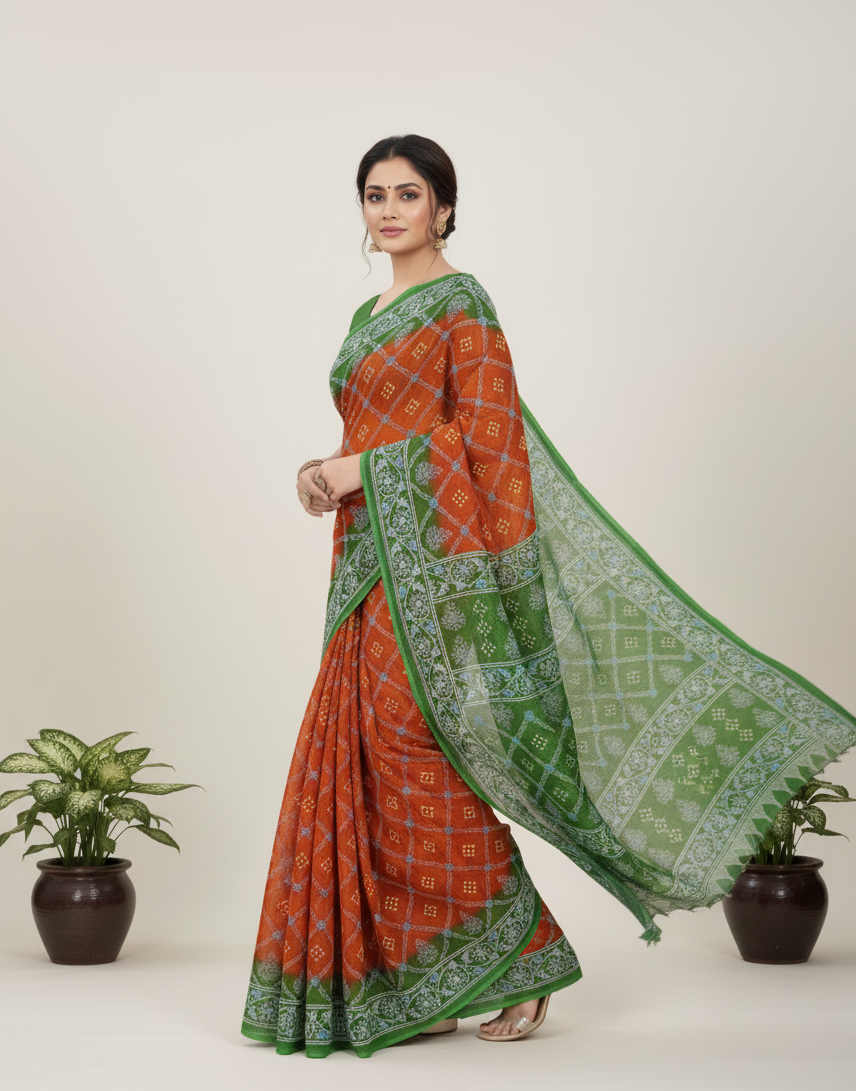 Ulta Chasma Cotton Printed Saree Orange-Green