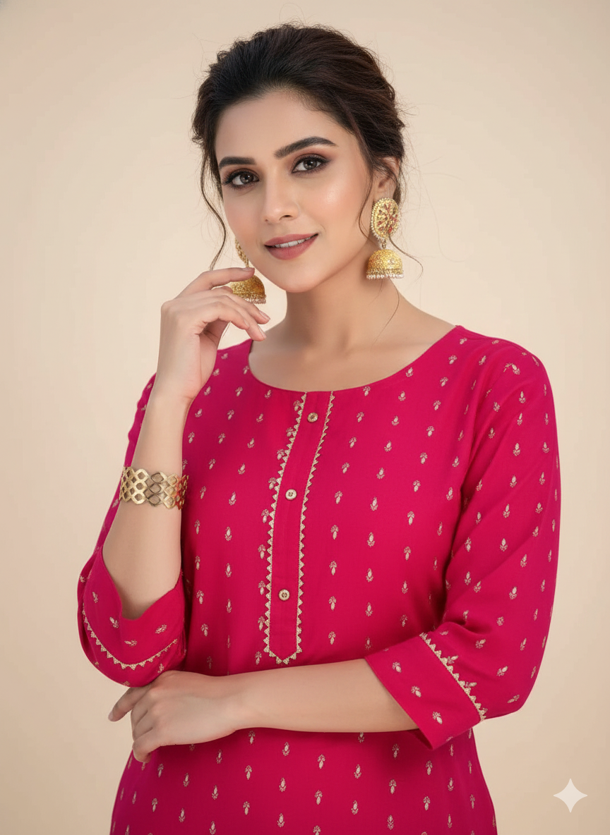 Golden Girl Combo Cotton Kurti Set Pink