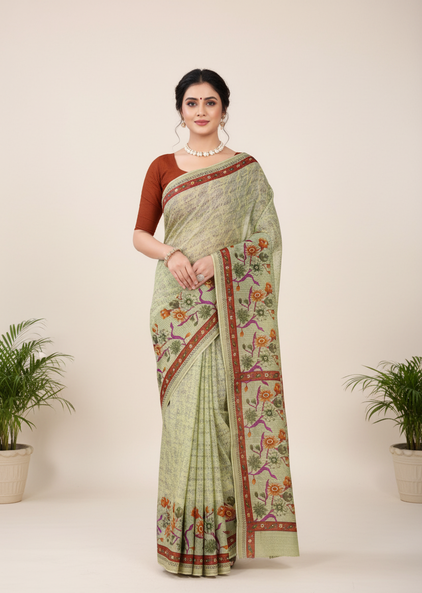 Dusty Beauty 3 Cotton Printed Saree Light Green 3931