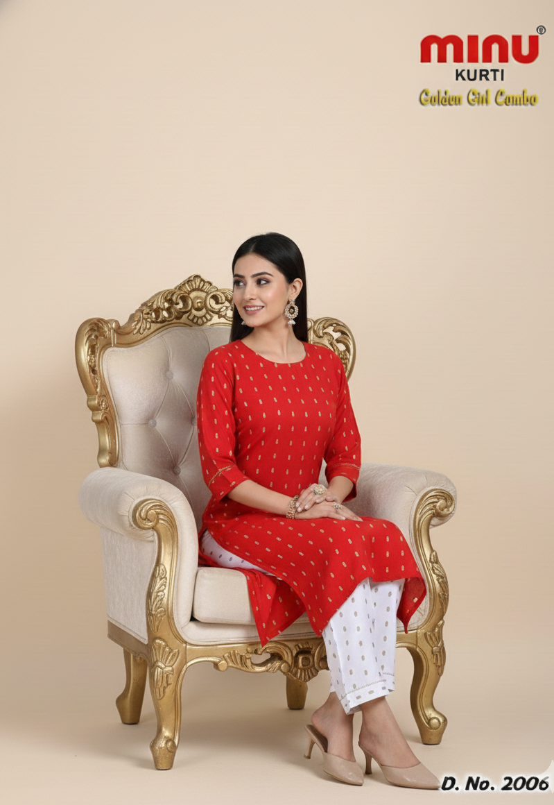 Golden Girl Combo Cotton Kurti Set Red