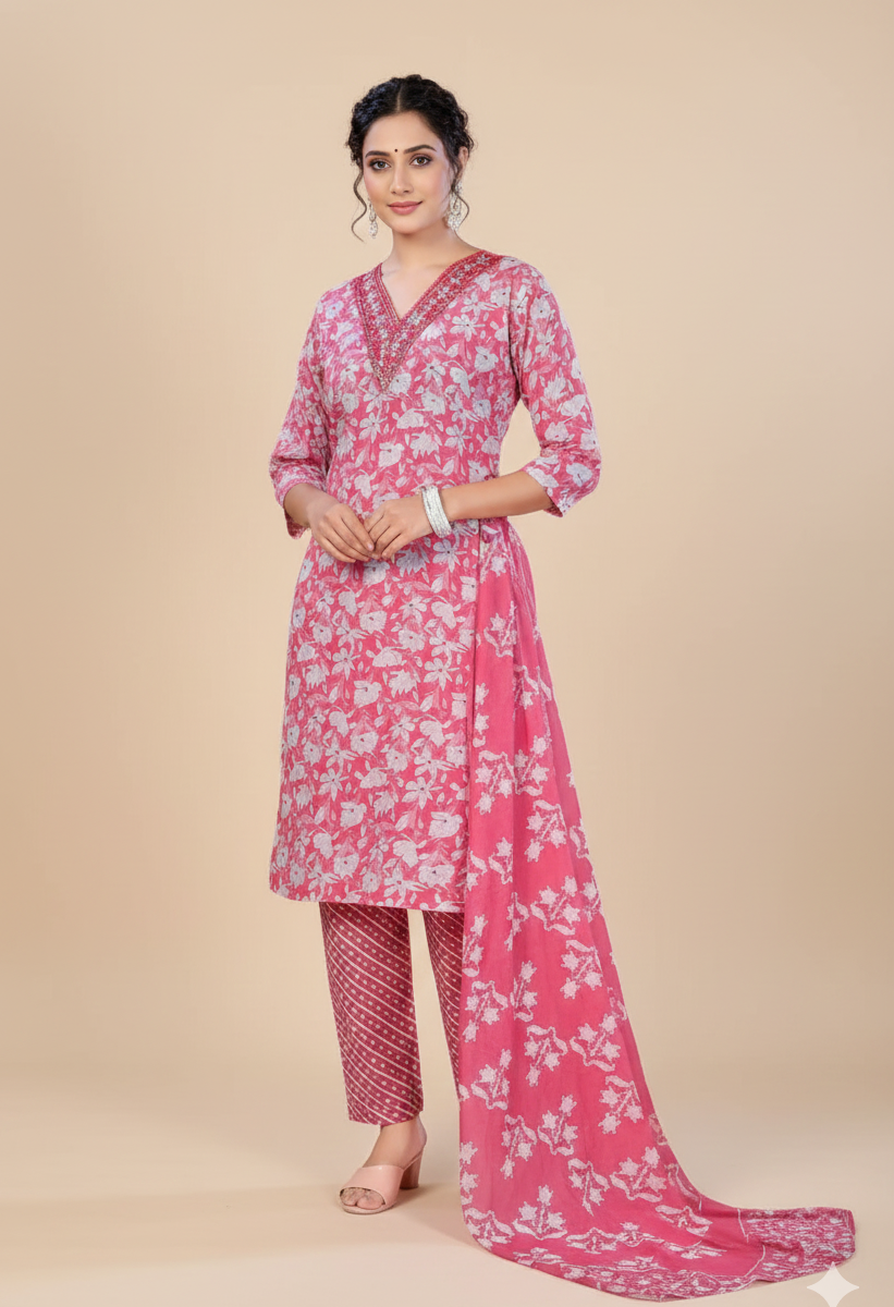 Pariza Cotton Printed Stitched Salwar Suit Pink 1001
