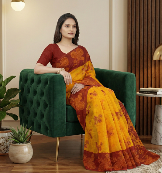 Monica Yellow & Red Traditional Cotton Saree