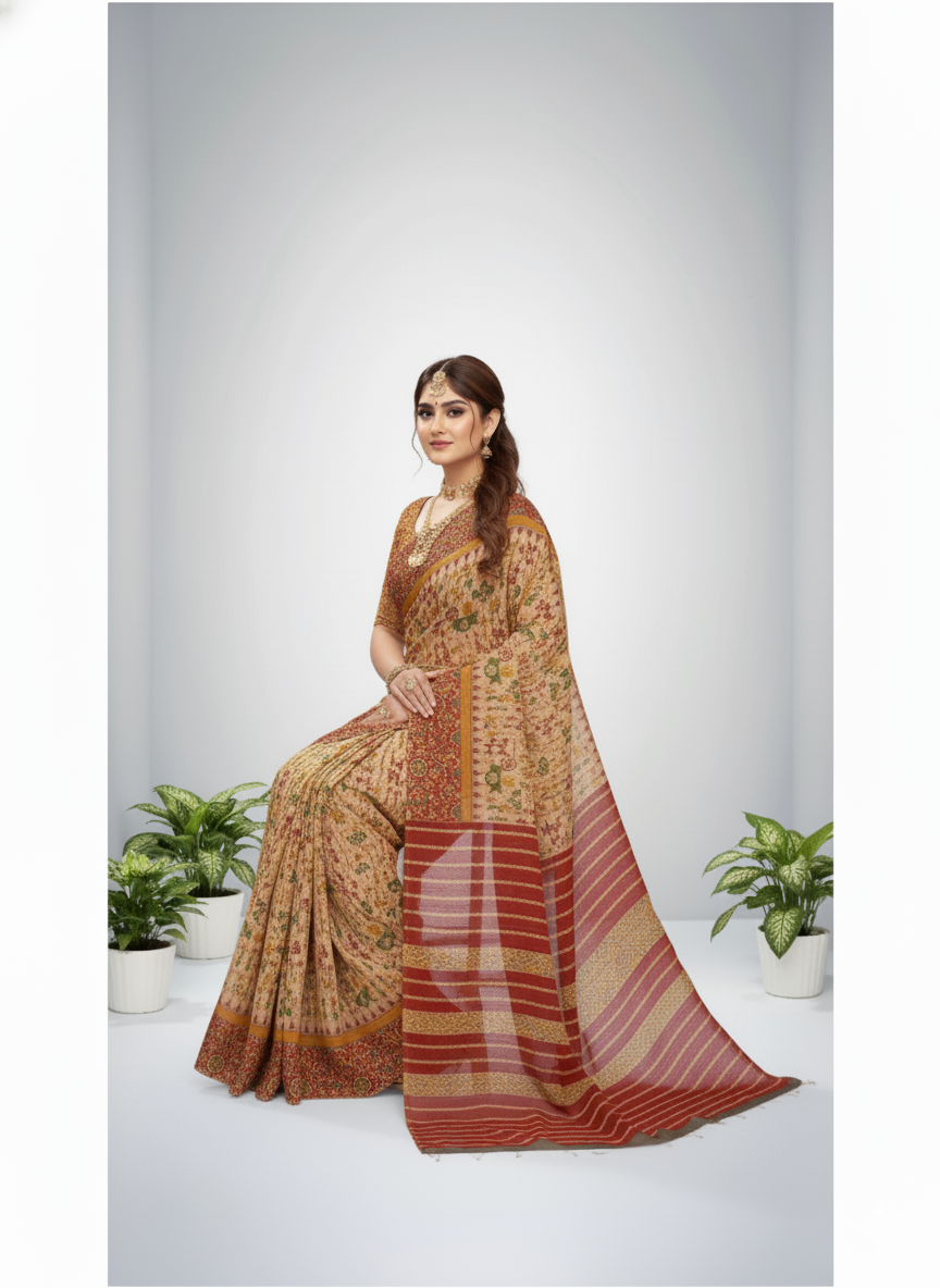 Sonajhuri Cotton Printed Saree Brown 14819