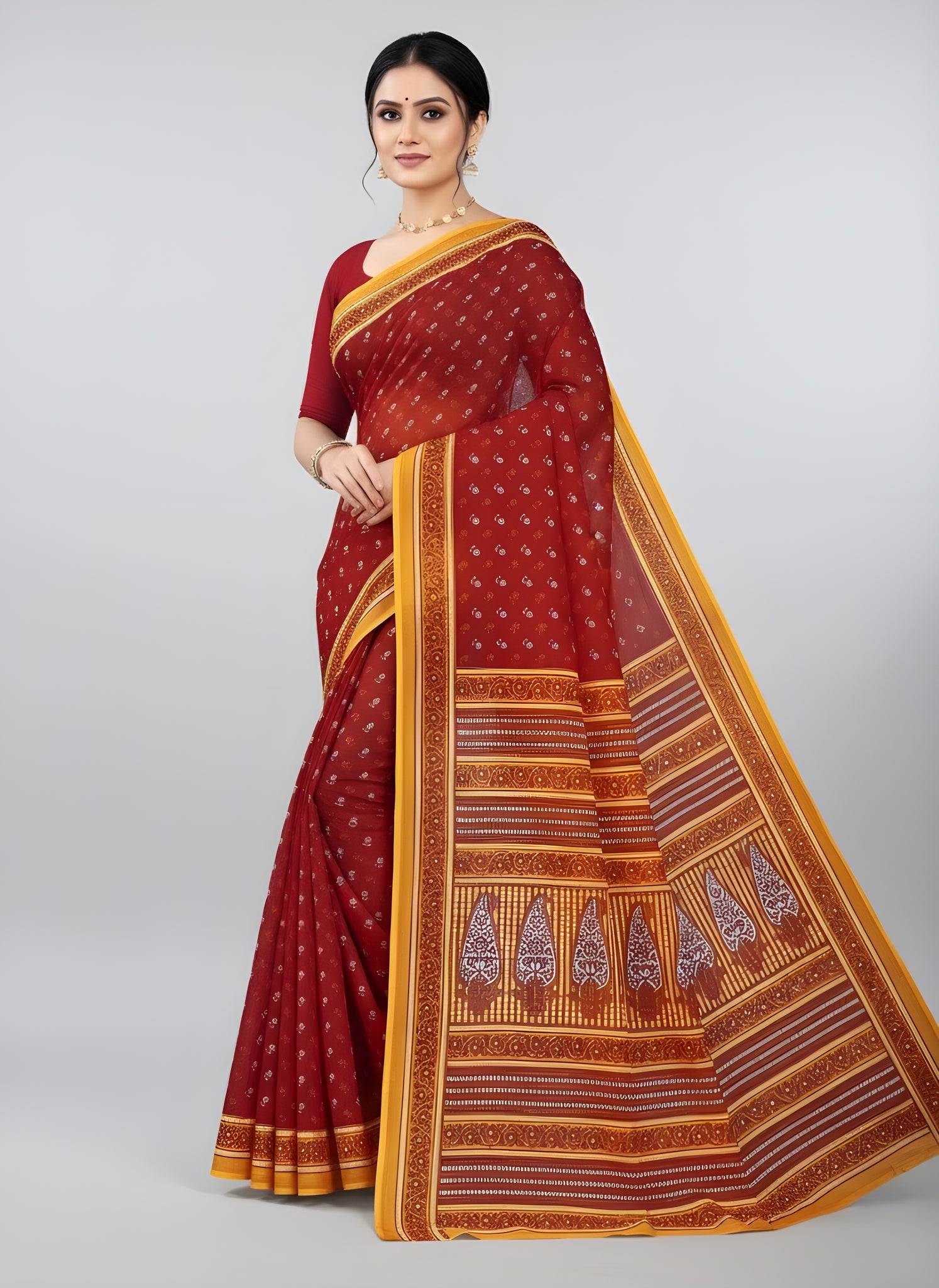 Monika V-1 Cotton Printed Saree Maroon 4073