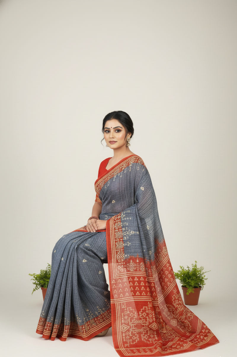 Prativa Batik Cotton Printed Saree Grey