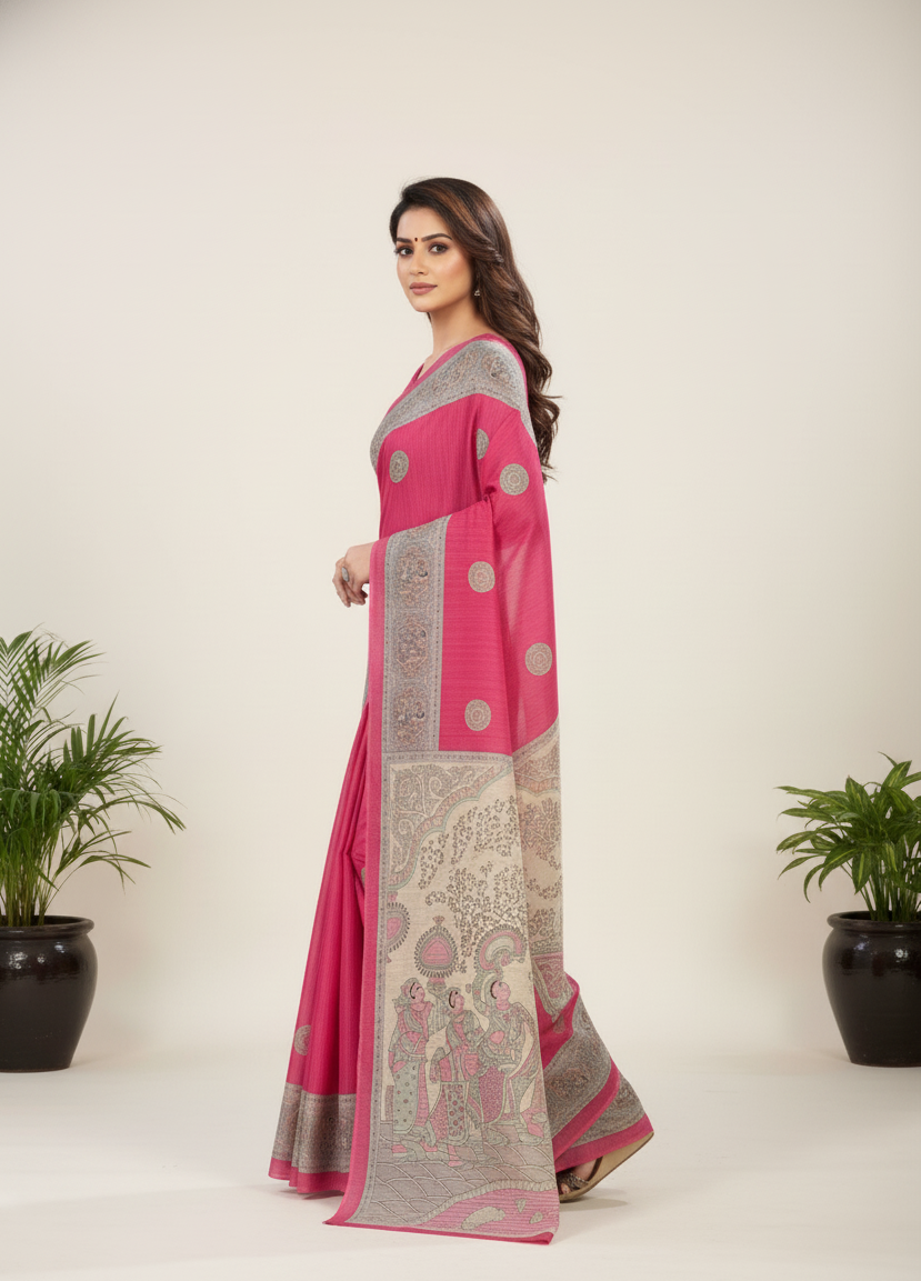 Madhubani Kantha Malai Cotton Printed Saree Pink