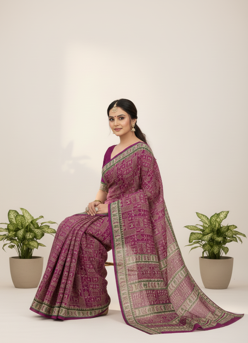 Howrah Haat Cotton Printed Saree Purple 2473