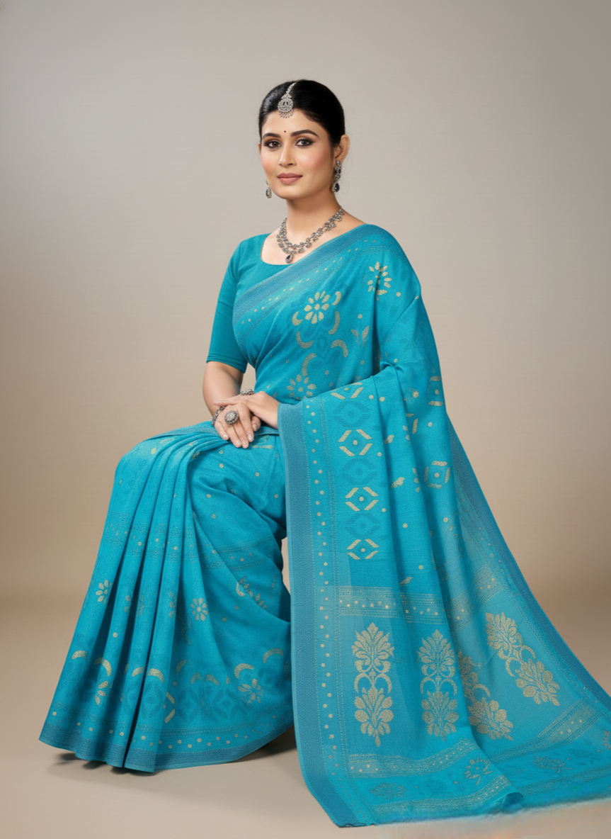 Daisy 2 Cotton Printed Saree Blue 3152