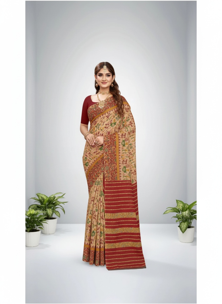 Sonajhuri Cotton Printed Saree Brown 14819