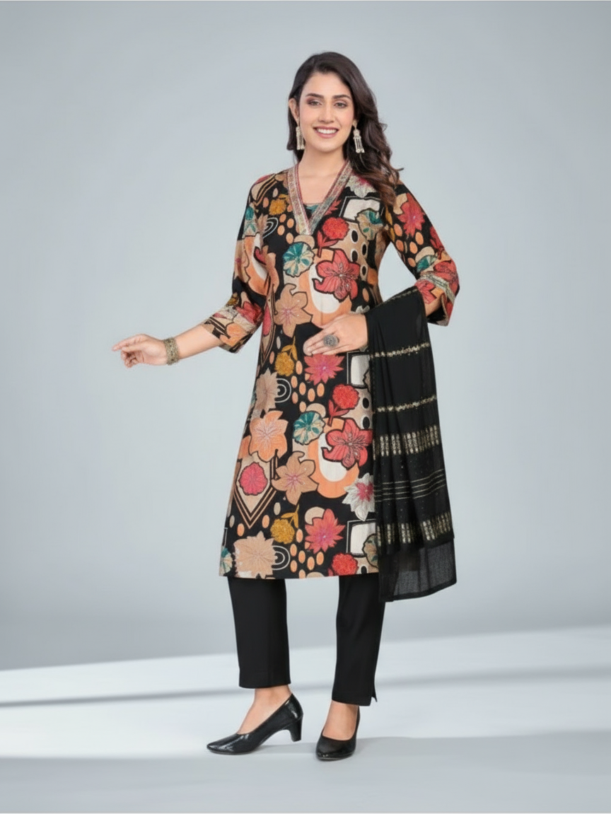 Premium Embroidered Chanderi Gold Foil Print Kurti Set Isha (3 Pcs)
