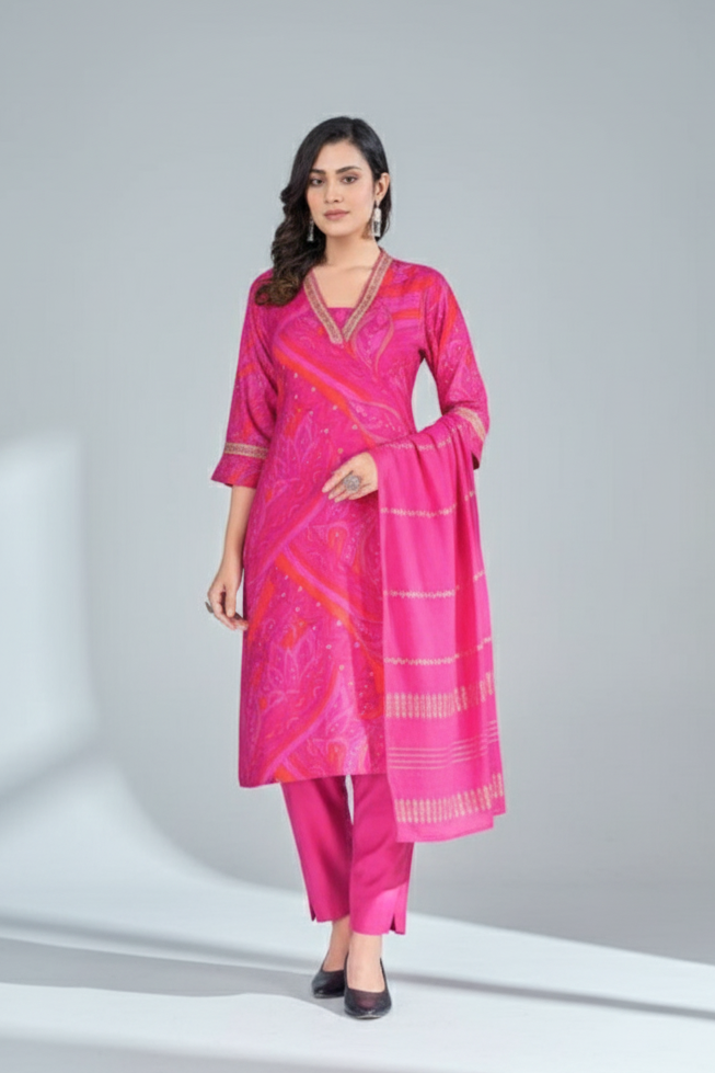 Premium Embroidered Chanderi Gold Foil Print Kurti Set Isha (3 Pcs)