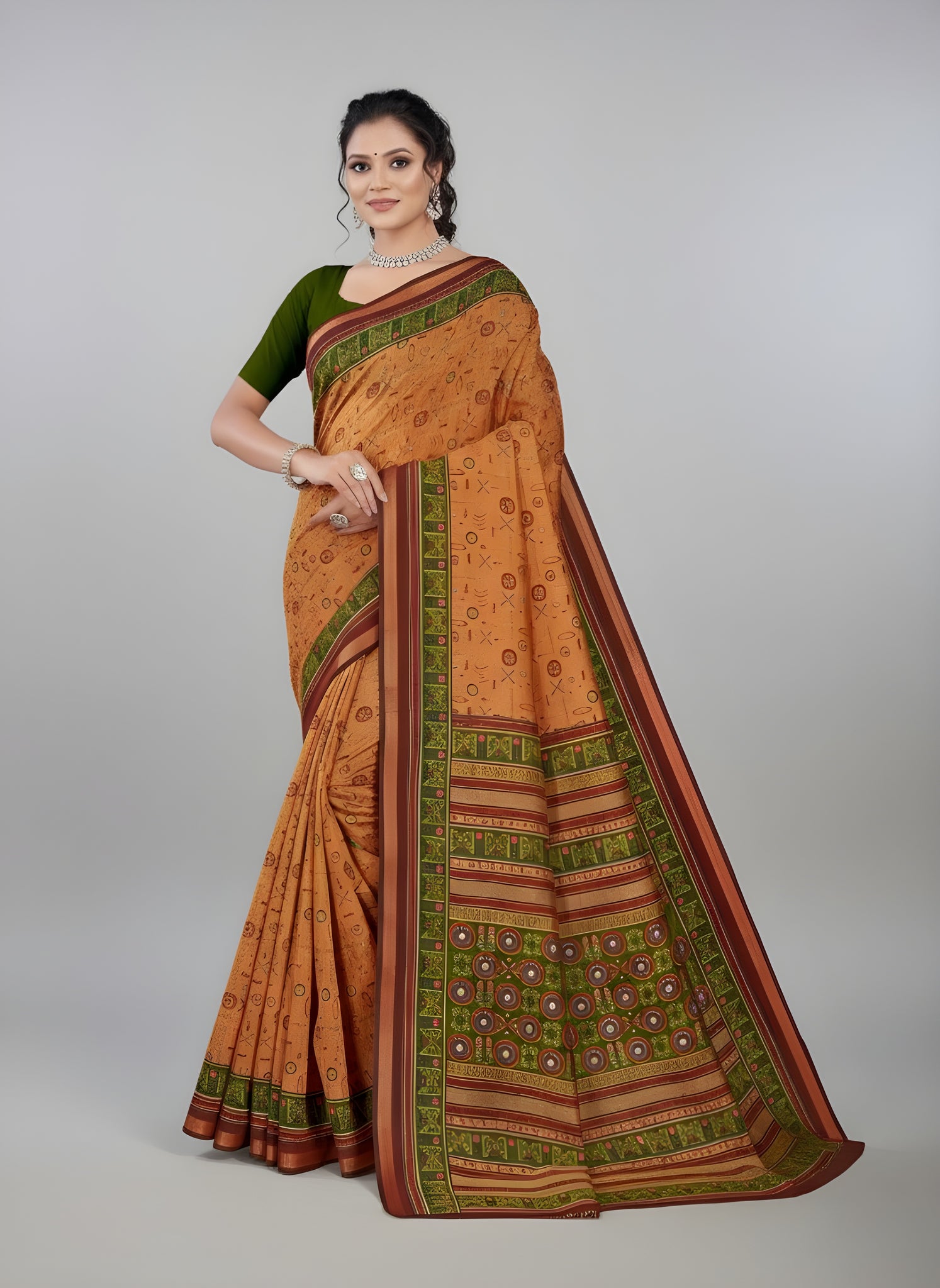 Kanishka Script Muslin Cotton Printed Saree Yellow & Green