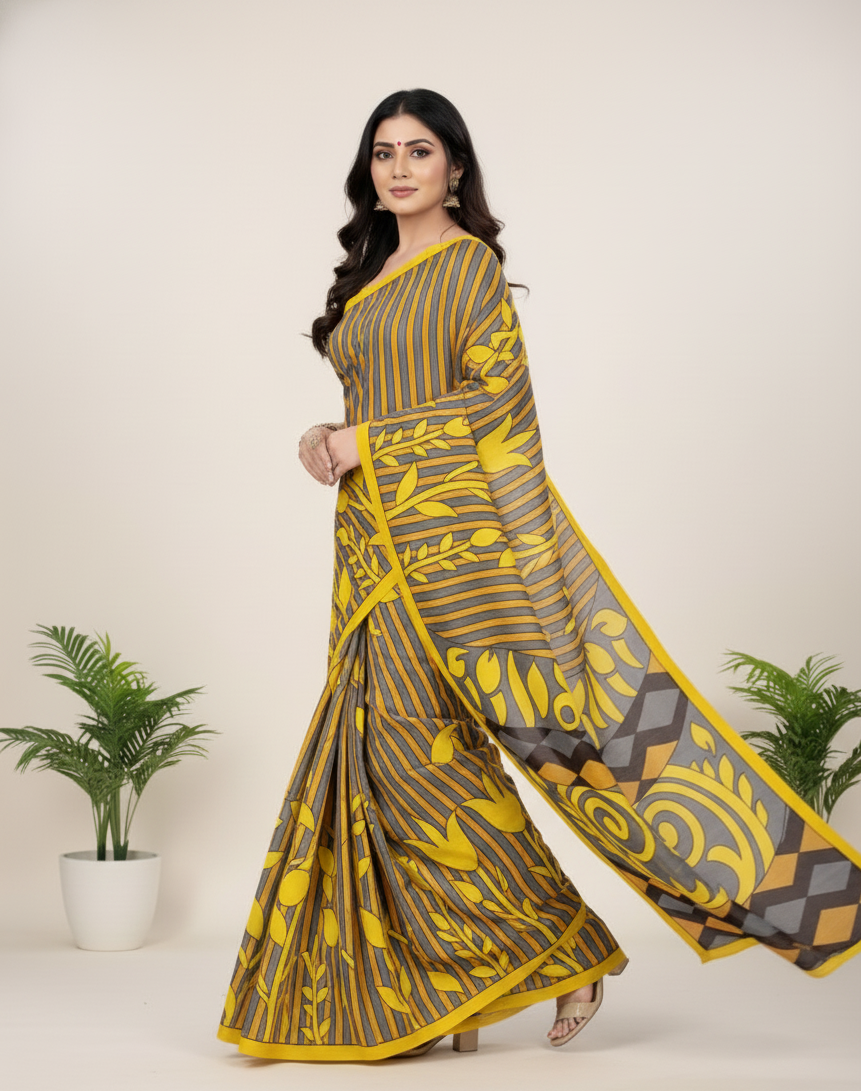 Sonar Bangla 31 Cotton Printed Saree Bright Yellow